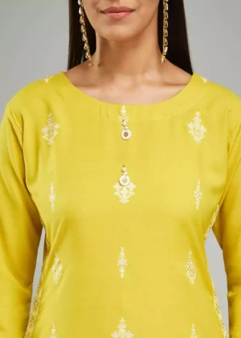Yellow Viscose Chanderi Designer Kurta Suit Set - Image 4