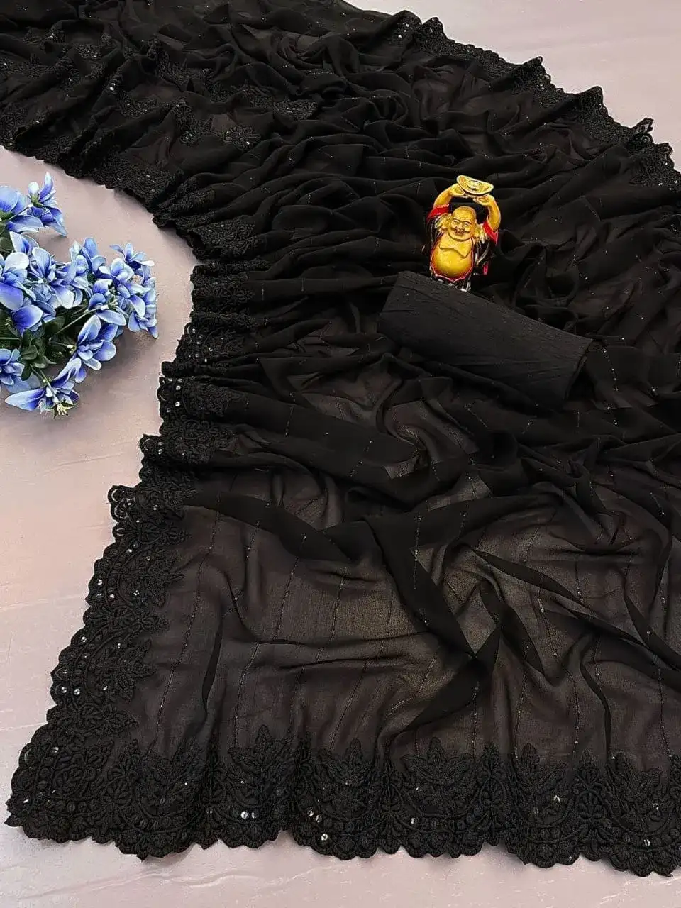 Faux Georgette Black Saree Worn By Priyanka Chopra