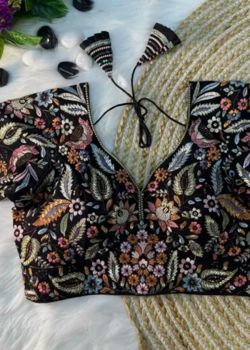 black Color Multi Thread Embroidered Partywear Readymade Blouse