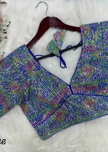 blue color digital printed with sequins embroidery work designer readymade blouse