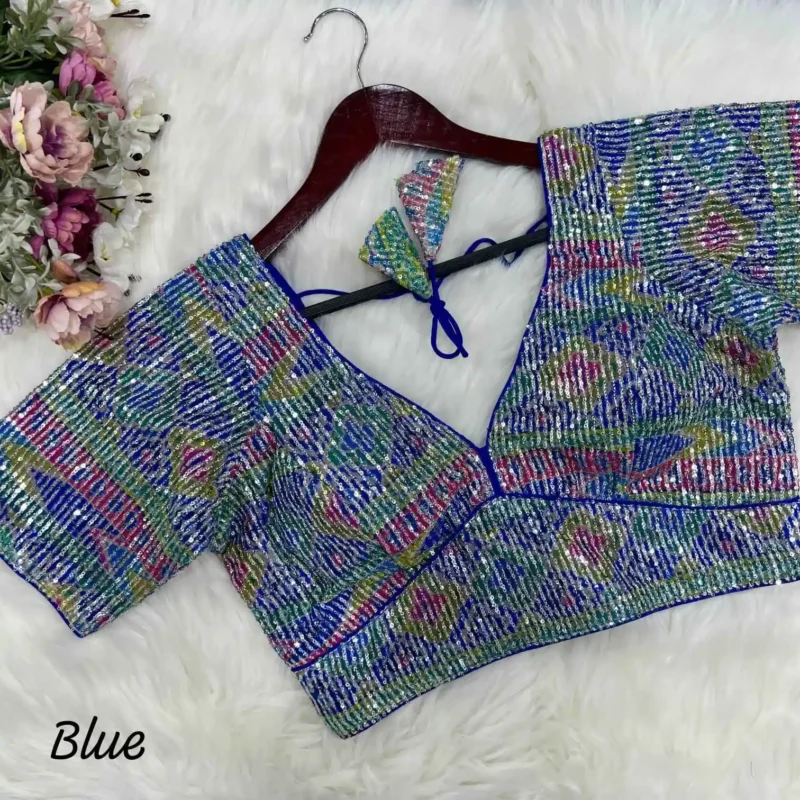 blue color digital printed with sequins embroidery work designer readymade blouse