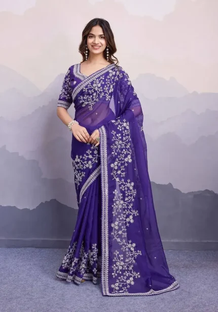 Blue Heavy Embroidered Rangoli Silk Designer Wedding Saree