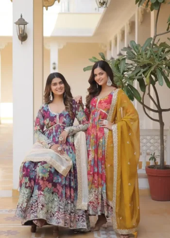 Digital Printed Russian Silk Embroidered Gown with Dupatta