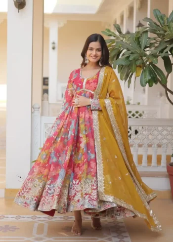 Digital Printed Russian Silk Embroidered Gown with Dupatta