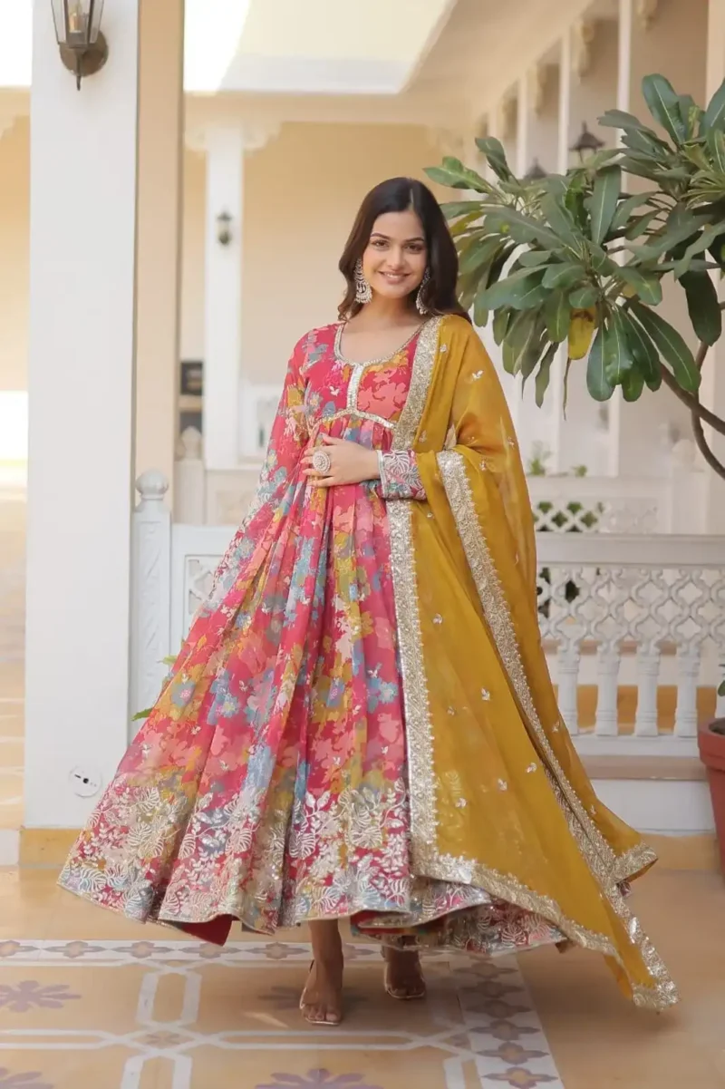 Digital Printed Russian Silk Embroidered Gown with Dupatta