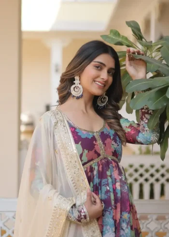 Digital Printed Russian Silk Embroidered Gown with Dupatta