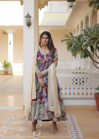 Digital Printed Russian Silk Embroidered Gown with Dupatta