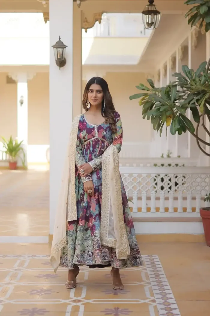 Digital Printed Russian Silk Embroidered Gown with Dupatta