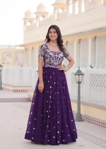 Purple Color Faux Blooming Coding Sequins Embroidered Designer Gown