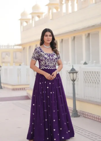Purple Color Faux Blooming Coding Sequins Embroidered Designer Gown
