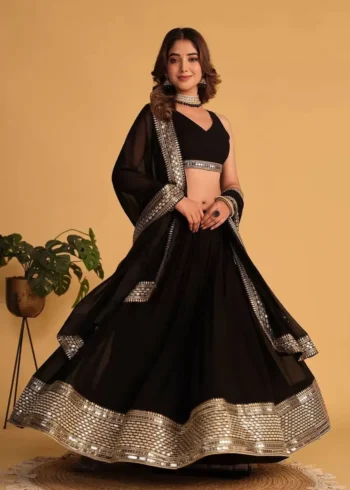Faux Blooming Border Sequins Embroidered Black Lehenga