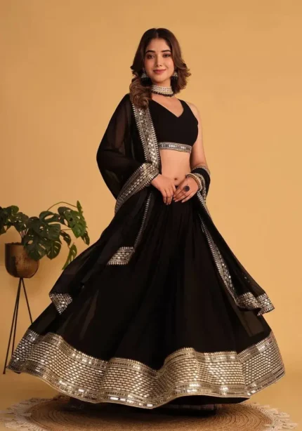 Faux Blooming Border Sequins Embroidered Black Lehenga