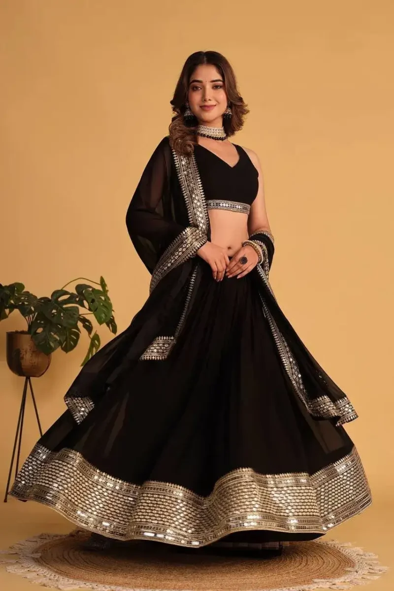 Faux Blooming Border Sequins Embroidered Black Lehenga
