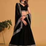 Faux Blooming Border Sequins Embroidered Black Lehenga