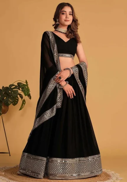 Faux Blooming Border Sequins Embroidered Black Lehenga