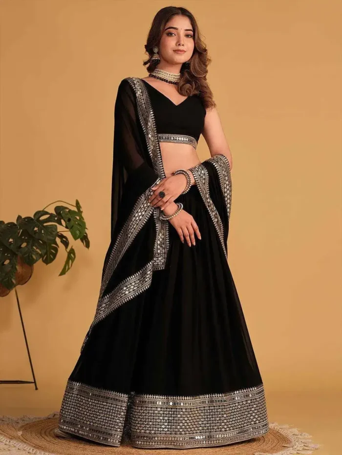 Faux Blooming Border Sequins Embroidered Black Lehenga