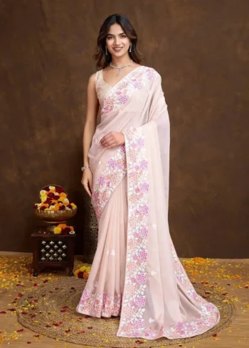 Floral Piping Border Embroidered Tabby Organza Saree