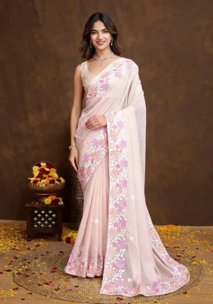 Floral Piping Border Embroidered Tabby Organza Saree