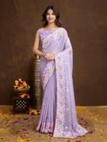 Floral Piping Border Embroidered Tabby Organza Saree