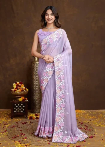 Floral Piping Border Embroidered Tabby Organza Saree