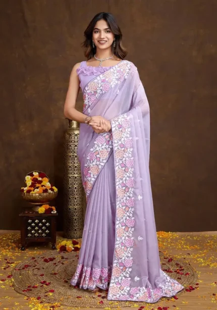 Floral Piping Border Embroidered Tabby Organza Saree