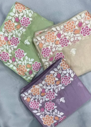 Floral Piping Border Embroidered Tabby Organza Saree