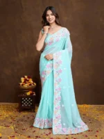 Floral Piping Border Embroidered Tabby Organza Saree