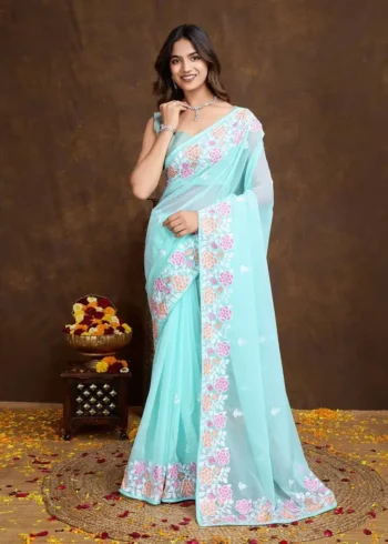 Floral Piping Border Embroidered Tabby Organza Saree