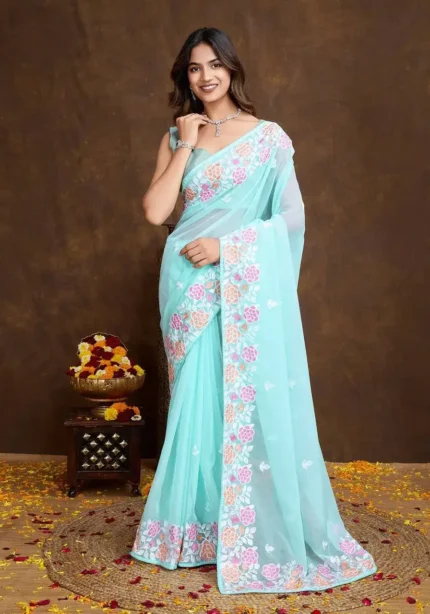 Floral Piping Border Embroidered Tabby Organza Saree