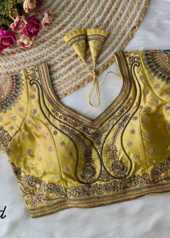gold color 3d peacock heavy italian silk heavy embroidery work bridal readymade blouse