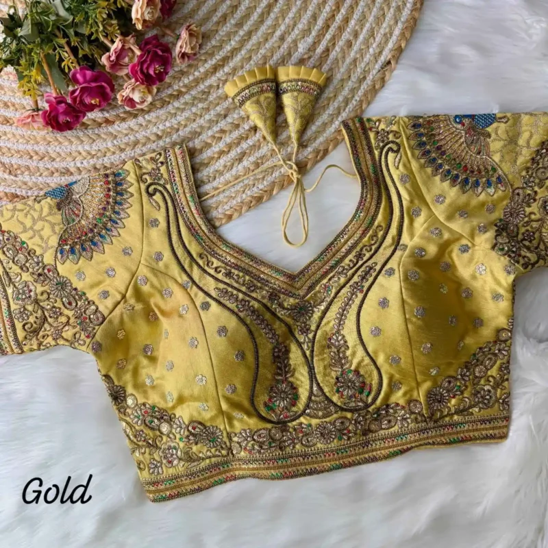 gold color 3d peacock heavy italian silk heavy embroidery work bridal readymade blouse
