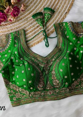 green color 3d peacock heavy italian silk heavy embroidery work bridal readymade blouse