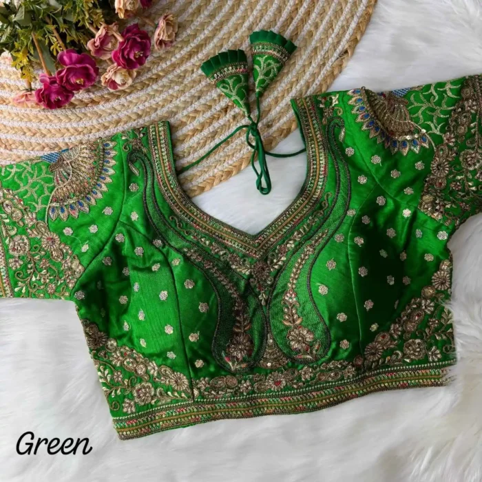 green color 3d peacock heavy italian silk heavy embroidery work bridal readymade blouse