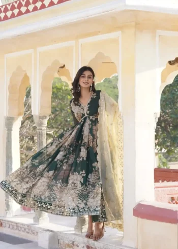 Green Color Digital Printed Russian Silk Alia Cut Gown with Dupatta