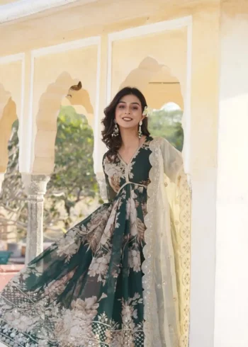 Green Color Digital Printed Russian Silk Alia Cut Gown with Dupatta
