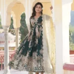 Green Color Digital Printed Russian Silk Alia Cut Gown with Dupatta