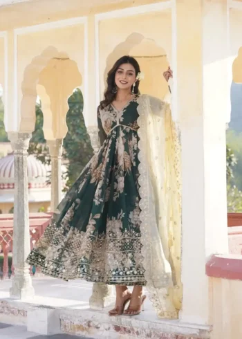 Green Color Digital Printed Russian Silk Alia Cut Gown with Dupatta