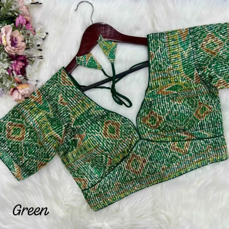 green color digital printed with sequins embroidery work designer readymade blouse