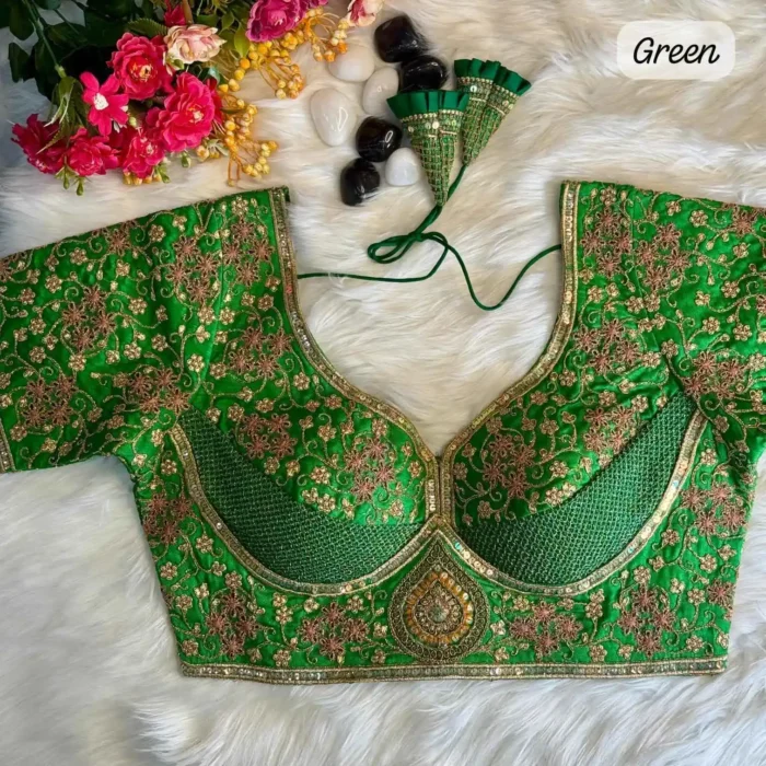 green color heavy coding thread embroidery work sabyasachi style bridal blouse