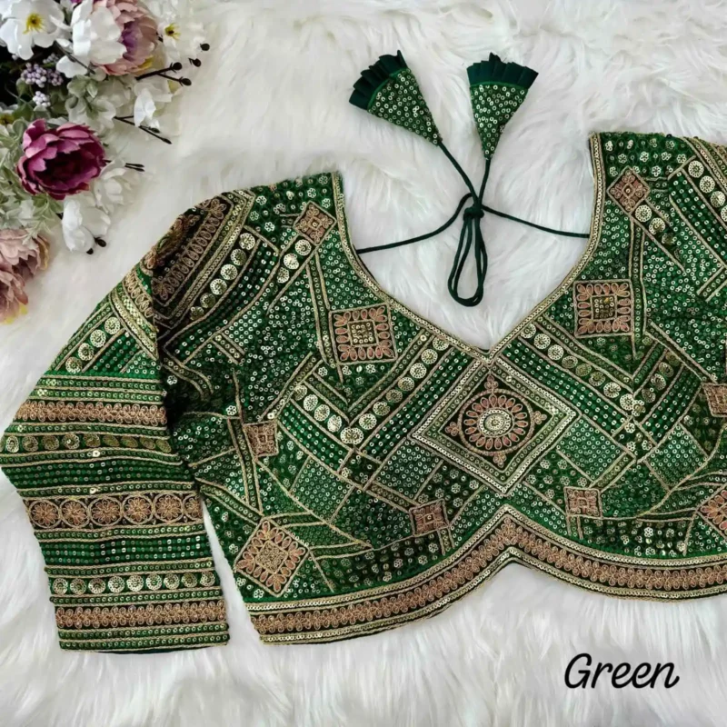 Green color Long Sleeves Apple Cut Designer Readymade Blouse