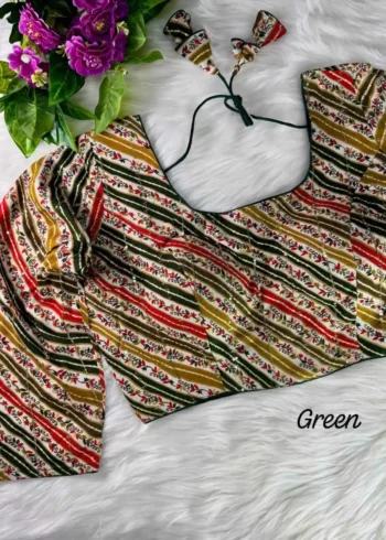 Green Rayon Cotton Printed Long Sleeves Leheriya Blouse