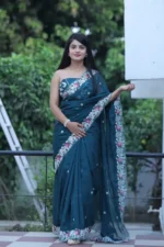 blue color Party Wear Taby Organza Saree