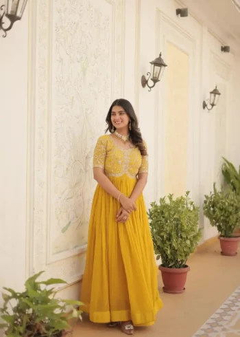 yellow color Heavy Zari Sequins Embroidered Designer Gown