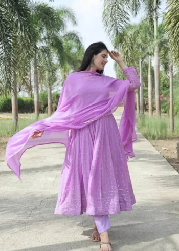 Lavender Faux Georgette Embroidered Anarkali Suit