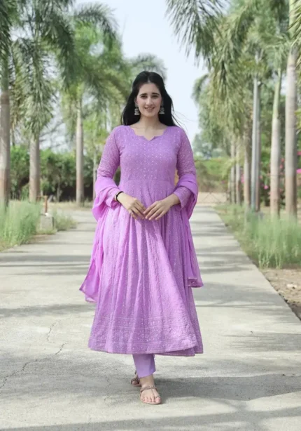 Lavender Faux Georgette Embroidered Anarkali Suit