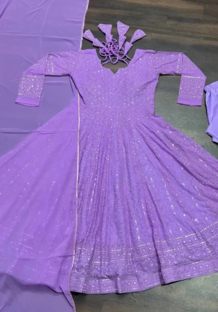 Lavender Faux Georgette Embroidered Anarkali Suit