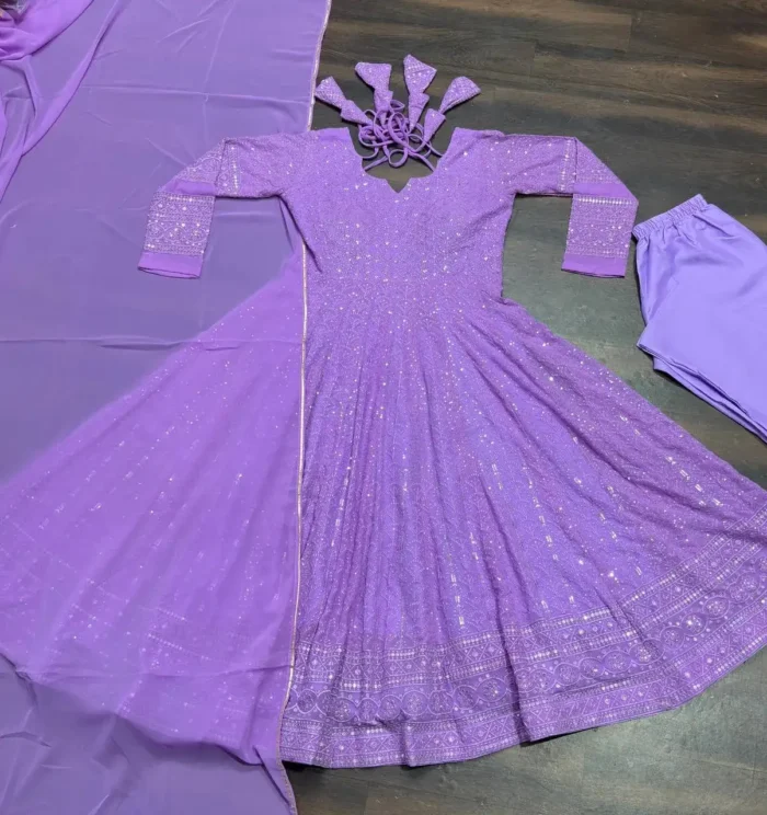 Lavender Faux Georgette Embroidered Anarkali Suit