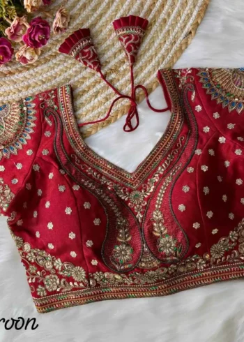 maroon 3d peacock heavy italian silk heavy embroidery work bridal readymade blouse