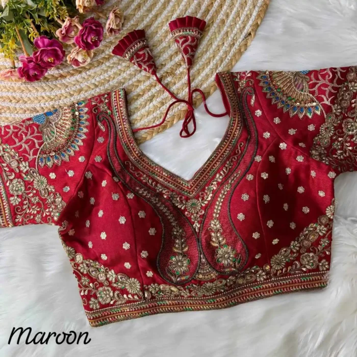 maroon 3d peacock heavy italian silk heavy embroidery work bridal readymade blouse