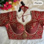 maroon color heavy coding thread embroidery work sabyasachi style bridal blouse